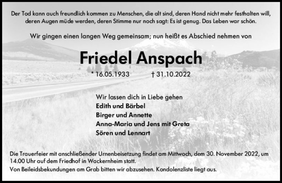Traueranzeige von Friedel Anspach von vrm-trauer Allgemeine  Zeitung Ingelheim-Bingen