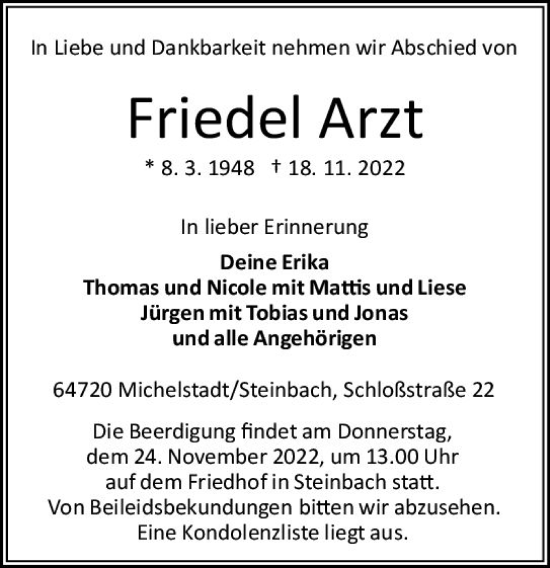 Traueranzeige von Friedel Arzt von vrm-trauer Odenwälder Echo