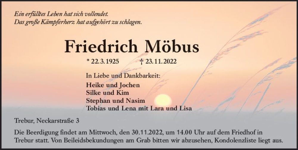  Traueranzeige für Friedrich Möbus vom 28.11.2022 aus vrm-trauer Groß-Gerauer Echo