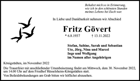 Traueranzeige von Fritz Gövert von vrm-trauer Rüsselsheimer Echo / MainSpitze