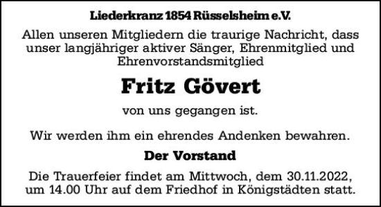 Traueranzeige von Fritz Gövert von vrm-trauer Rüsselsheimer Echo / MainSpitze