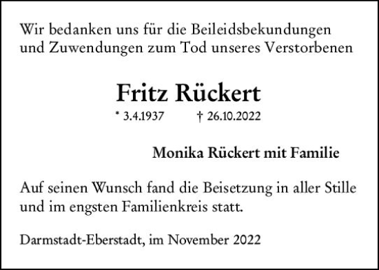 Traueranzeige von Fritz Rückert von vrm-trauer Darmstädter Echo