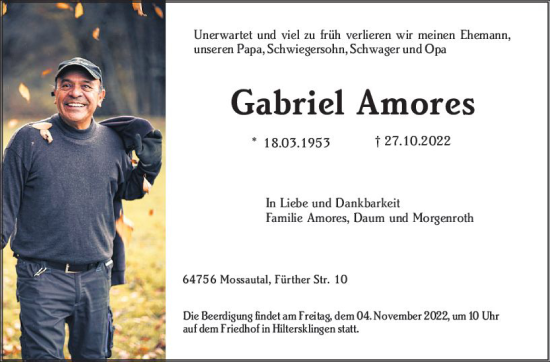 Traueranzeige von Gabriel Amores von vrm-trauer Odenwälder Echo