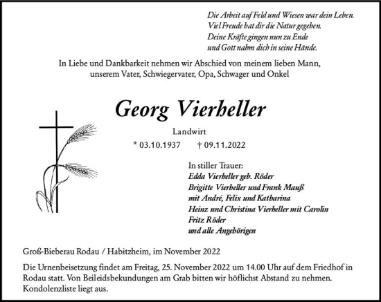 Traueranzeige von Georg Vierheller von vrm-trauer Darmstädter Echo