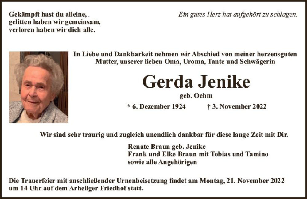  Traueranzeige für Gerda Jenike vom 12.11.2022 aus vrm-trauer Darmstädter Echo