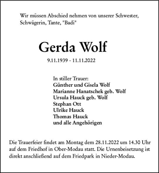 Traueranzeige von Gerda Wolf von vrm-trauer Darmstädter Echo