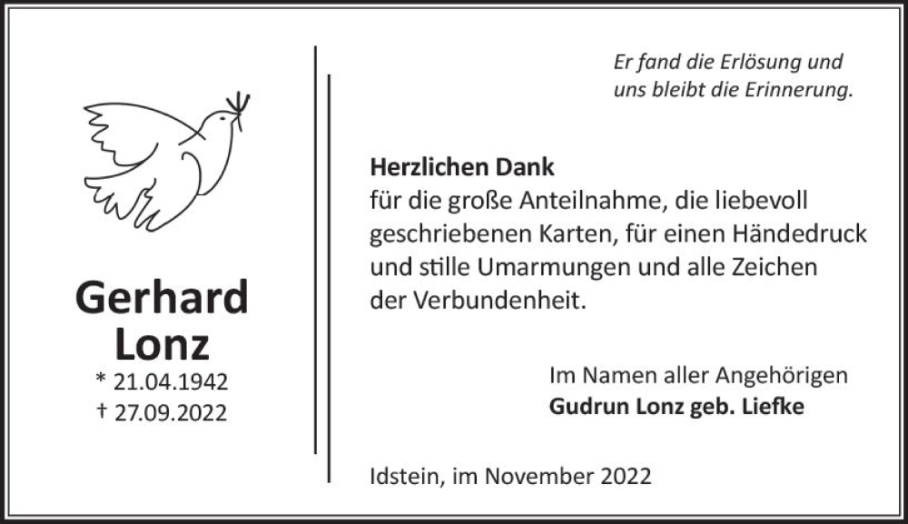  Traueranzeige für Gerhard Lonz vom 05.11.2022 aus vrm-trauer Idsteiner Zeitung