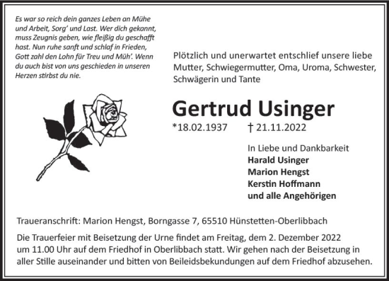 Traueranzeige von Gertrud Usinger von vrm-trauer Wiesbadener Kurier