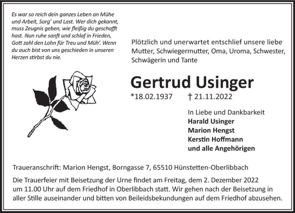  Traueranzeige für Gertrud Usinger vom 26.11.2022 aus vrm-trauer Wiesbadener Kurier
