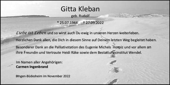 Traueranzeige von Gitta Kleban von vrm-trauer Allgemeine  Zeitung Ingelheim-Bingen