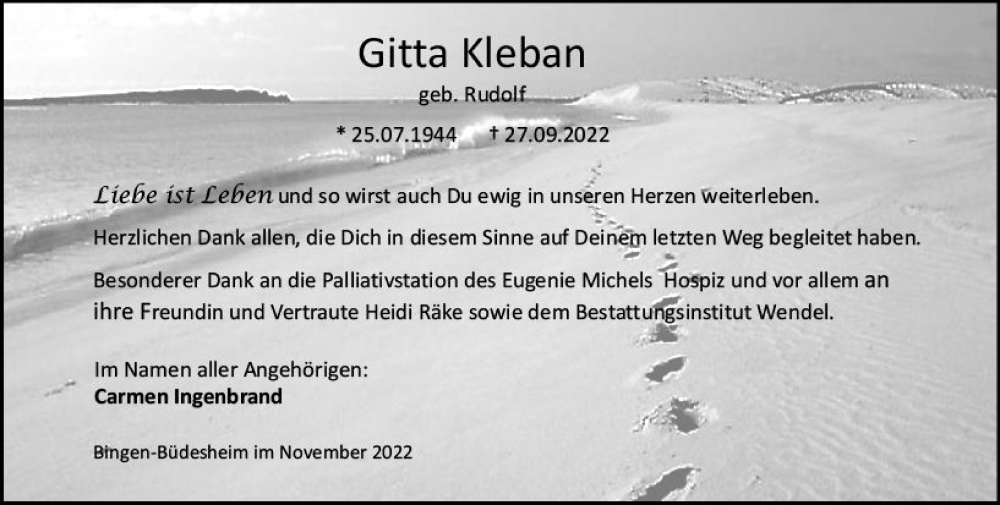  Traueranzeige für Gitta Kleban vom 12.11.2022 aus vrm-trauer Allgemeine  Zeitung Ingelheim-Bingen