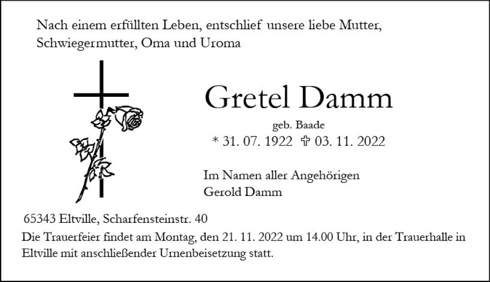  Traueranzeige für Gretel Damm vom 18.11.2022 aus vrm-trauer Rheingau