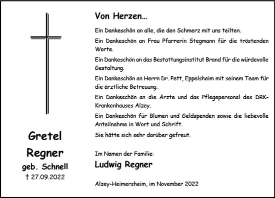 Traueranzeige von Gretel Regner von vrm-trauer Allgemeine Zeitung Alzey