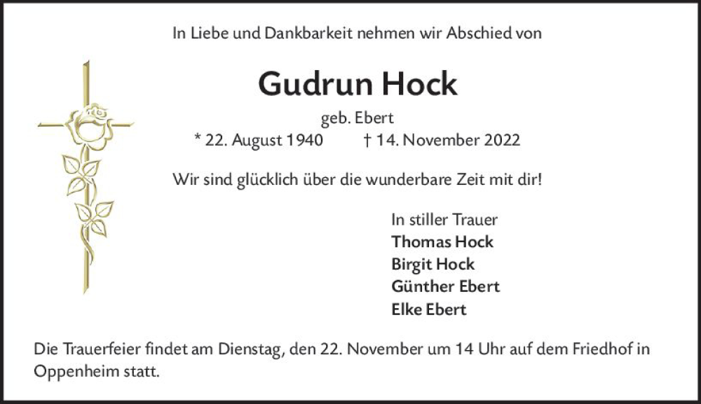  Traueranzeige für Gudrun Hock vom 19.11.2022 aus vrm-trauer AZ Mainz
