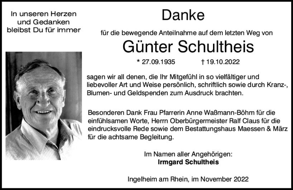  Traueranzeige für Günter Schultheis vom 26.11.2022 aus vrm-trauer Allgemeine  Zeitung Ingelheim-Bingen