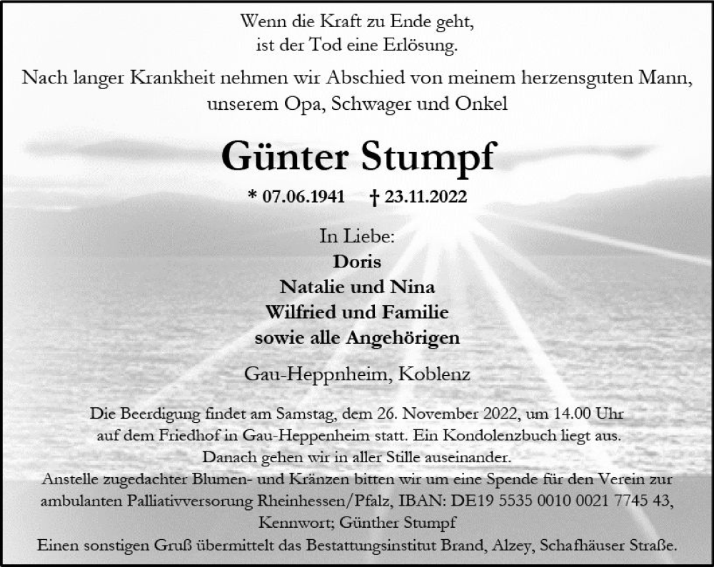  Traueranzeige für Günter Stumpf vom 25.11.2022 aus vrm-trauer Allgemeine Zeitung Alzey