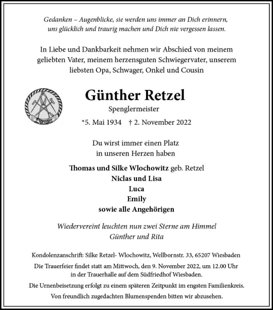 Traueranzeige von Günther Retzel von vrm-trauer Wiesbadener Kurier