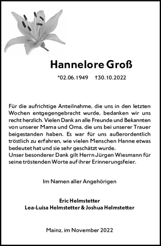 Traueranzeige von Hannelore Groß von vrm-trauer AZ Mainz