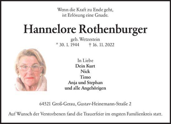 Traueranzeige von Hannelore Rothenburger von vrm-trauer Groß-Gerauer Echo