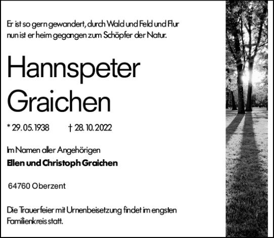 Traueranzeige von Hannspeter Graichen von vrm-trauer Odenwälder Echo