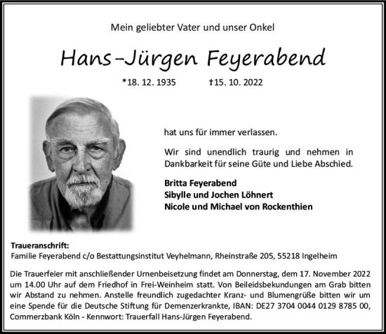 Traueranzeige von Hans-Jürgen Feyerabend von vrm-trauer Allgemeine  Zeitung Ingelheim-Bingen