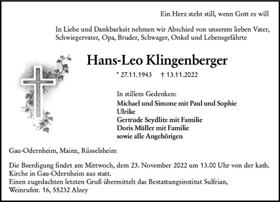 Traueranzeige von Hans-Leo Klingenberger von vrm-trauer Allgemeine Zeitung Alzey