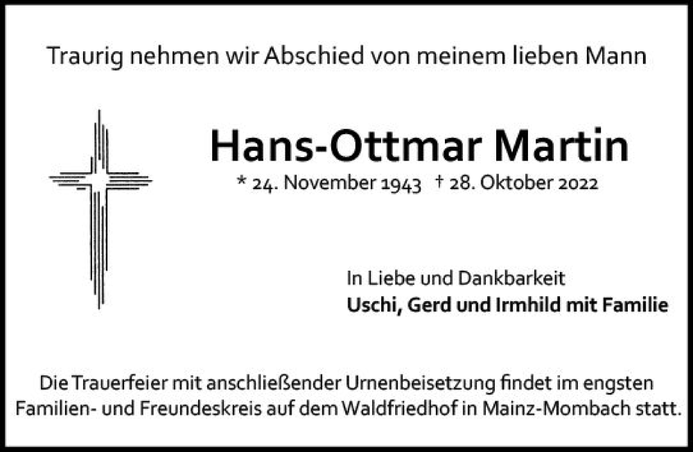  Traueranzeige für Hans-Ottmar Martin vom 05.11.2022 aus vrm-trauer AZ Mainz