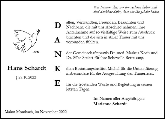 Traueranzeige von Hans Schardt von vrm-trauer AZ Mainz