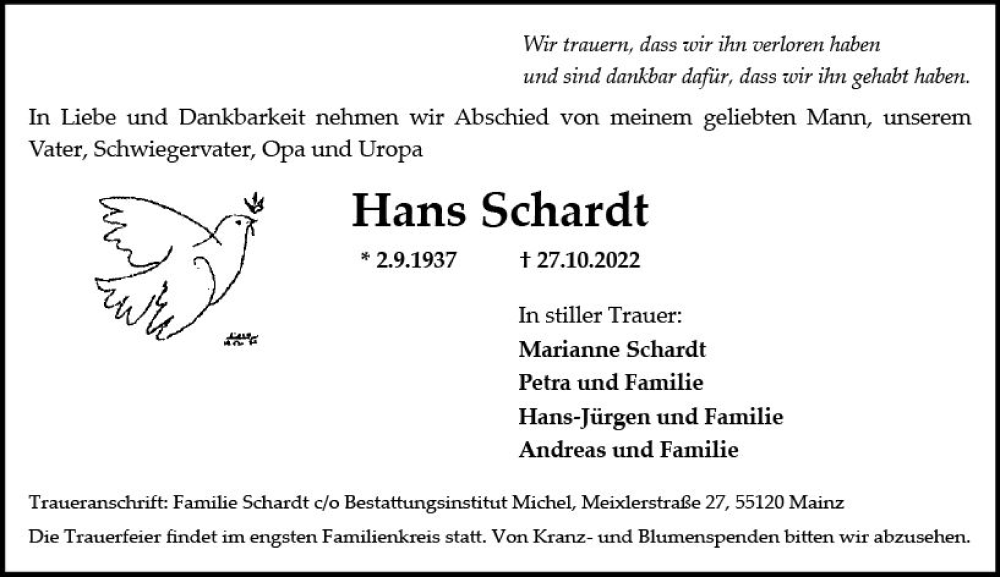  Traueranzeige für Hans Schardt vom 05.11.2022 aus vrm-trauer AZ Mainz