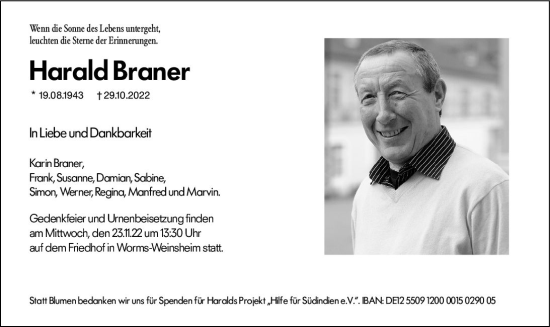 Traueranzeige von Harald Braner von vrm-trauer Wormser Zeitung
