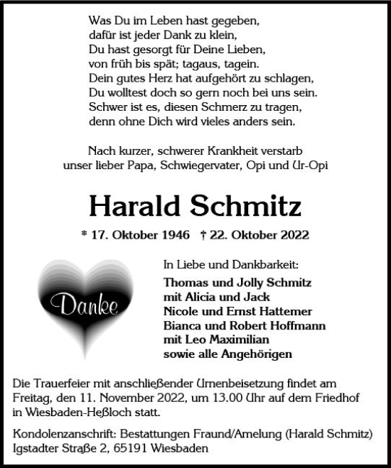 Traueranzeige von Harald Schmitz von vrm-trauer Wiesbadener Kurier