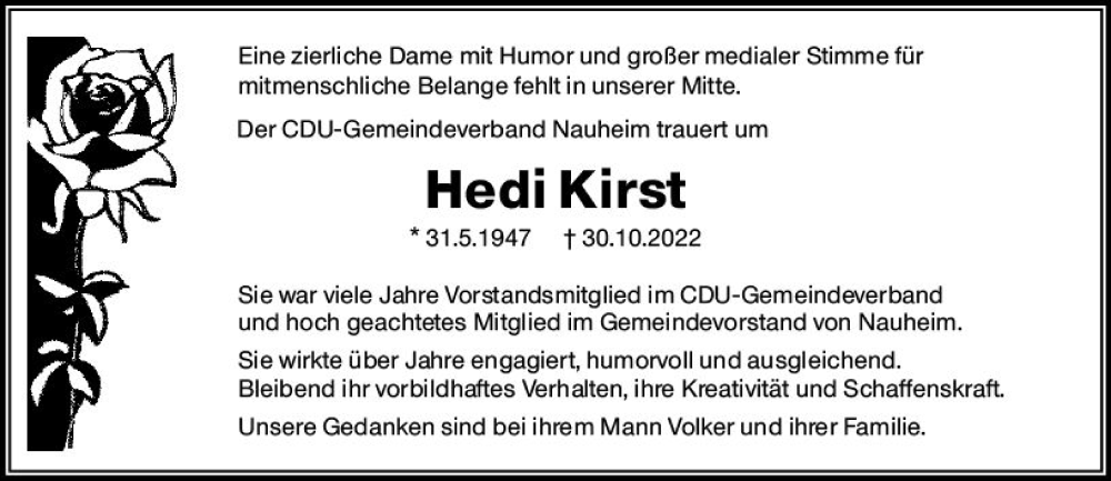  Traueranzeige für Hedi Kirst vom 05.11.2022 aus vrm-trauer Rüsselsheimer Echo / MainSpitze