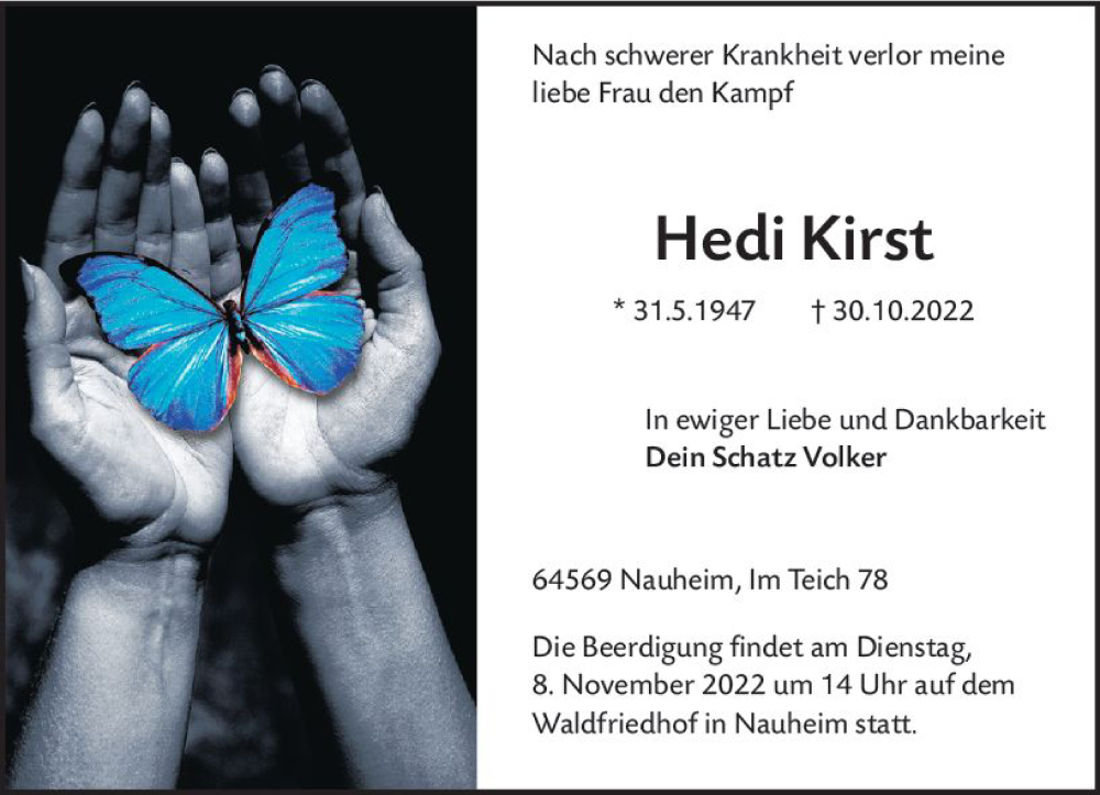  Traueranzeige für Hedi Kirst vom 05.11.2022 aus vrm-trauer Rüsselsheimer Echo / MainSpitze
