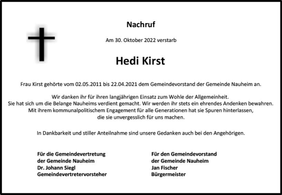 Traueranzeige von Hedi Kirst von vrm-trauer Rüsselsheimer Echo / MainSpitze