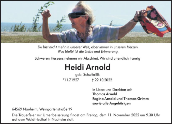 Traueranzeige von Heidi Arnold von vrm-trauer Rüsselsheimer Echo / MainSpitze