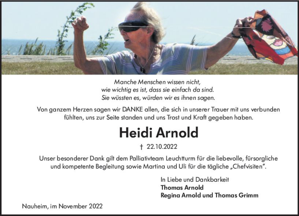  Traueranzeige für Heidi Arnold vom 19.11.2022 aus vrm-trauer Rüsselsheimer Echo / MainSpitze