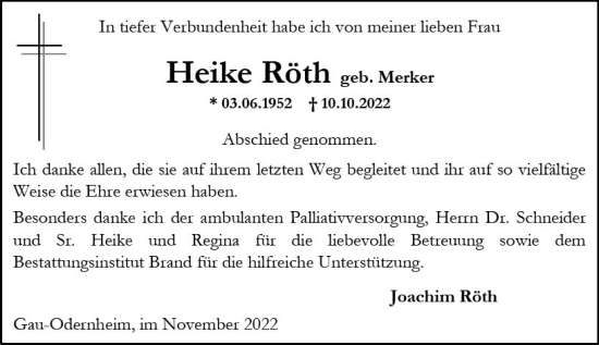 Traueranzeige von Heike Röth von vrm-trauer Allgemeine Zeitung Alzey