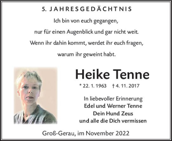 Traueranzeige von Heike Tenne von vrm-trauer Groß-Gerauer Echo