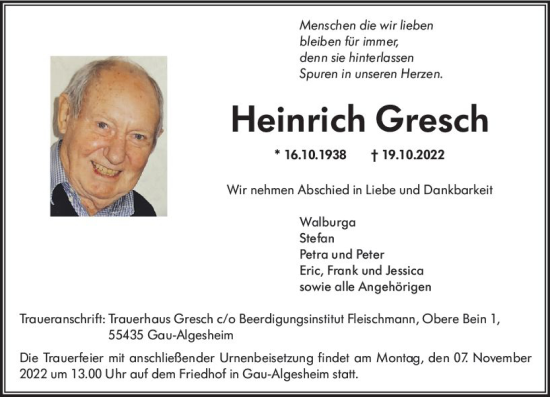 Traueranzeige von Heinrich Gresch von vrm-trauer Allgemeine  Zeitung Ingelheim-Bingen