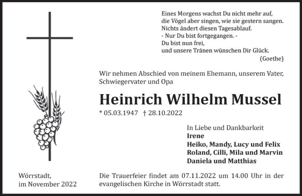  Traueranzeige für Heinrich Wilhelm Mussel vom 02.11.2022 aus vrm-trauer Allgemeine Zeitung Alzey