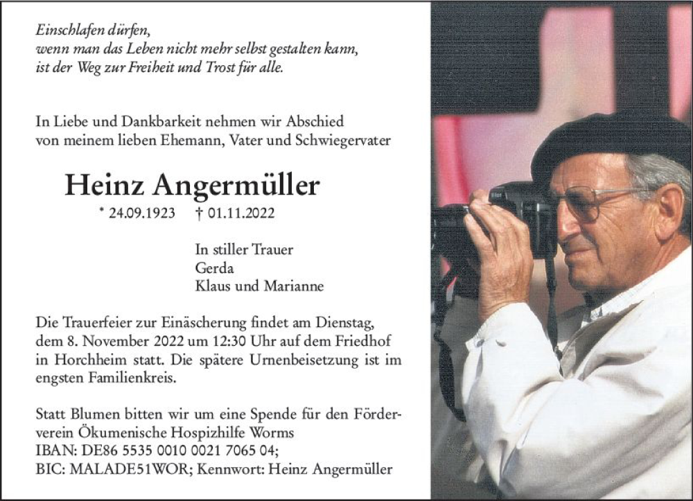  Traueranzeige für Heinz Angermüller vom 05.11.2022 aus vrm-trauer Wormser Zeitung