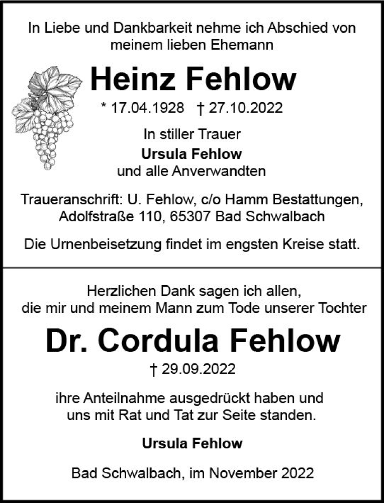  Traueranzeige für Heinz Fehlow vom 05.11.2022 aus vrm-trauer Wiesbadener Kurier