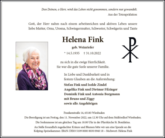 Traueranzeige von Helena Fink von vrm-trauer Wiesbadener Kurier