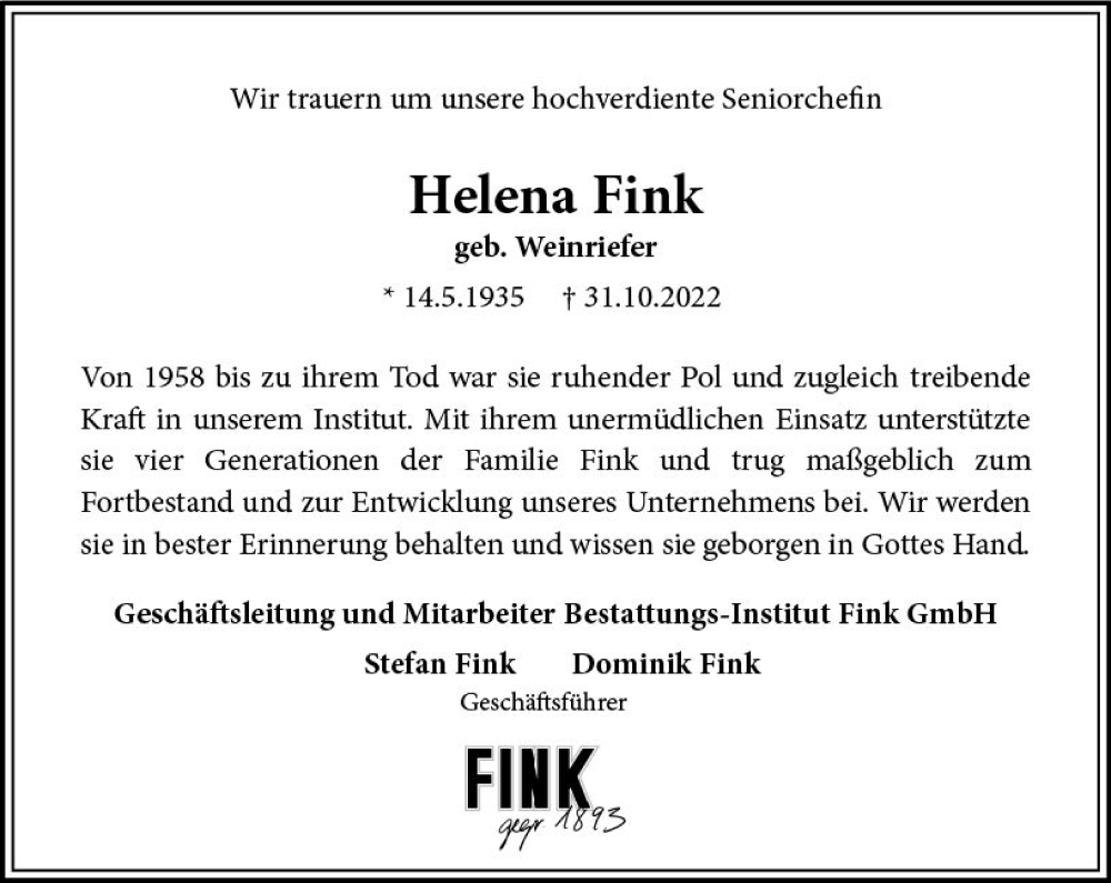  Traueranzeige für Helena Fink vom 05.11.2022 aus vrm-trauer Wiesbadener Kurier