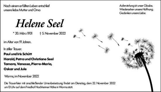 Traueranzeige von Helene Seel von vrm-trauer Wormser Zeitung