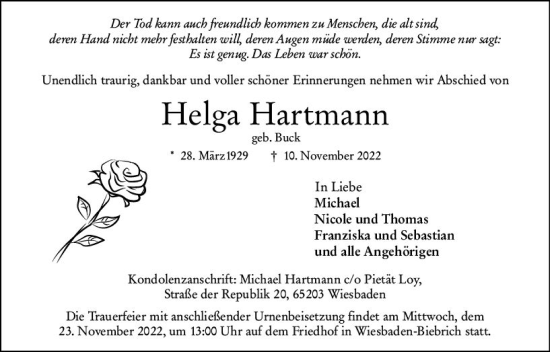 Traueranzeige von Helga Hartmann von vrm-trauer Wiesbadener Kurier