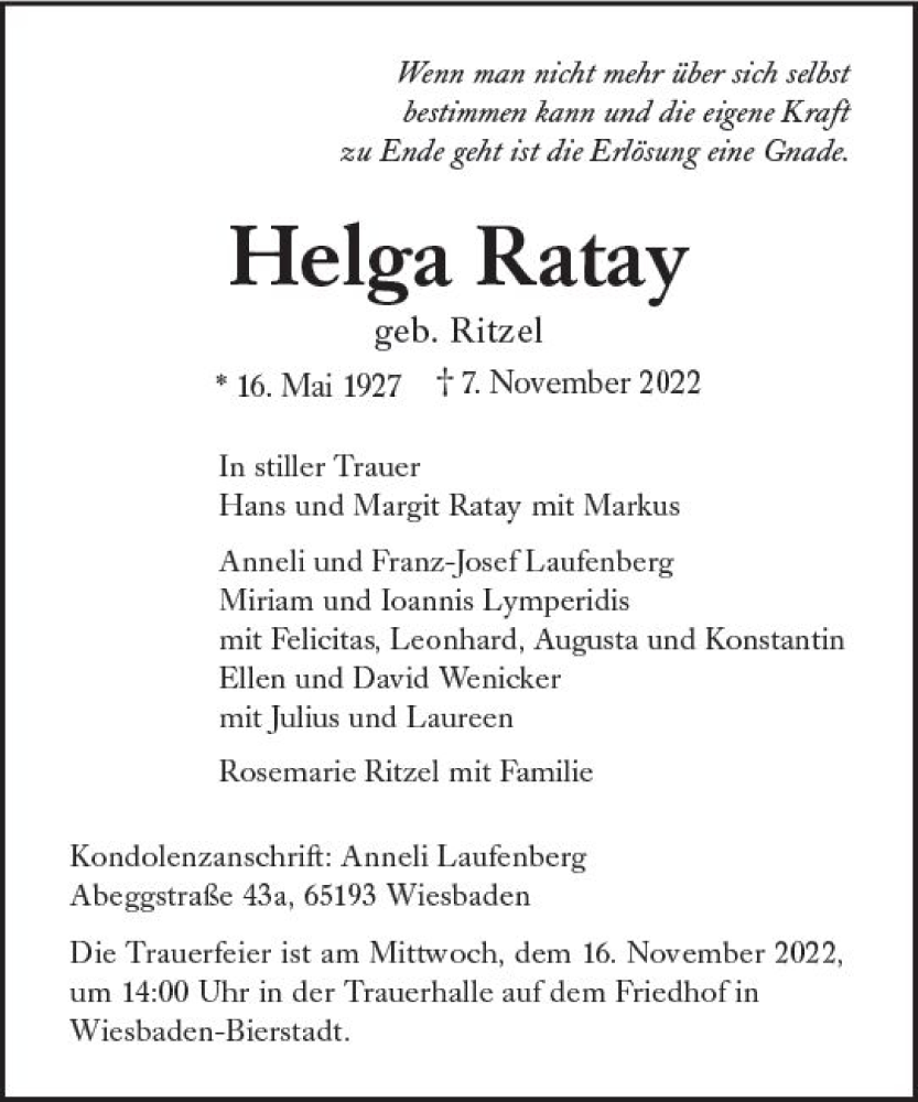  Traueranzeige für Helga Ratay vom 12.11.2022 aus vrm-trauer Wiesbadener Kurier