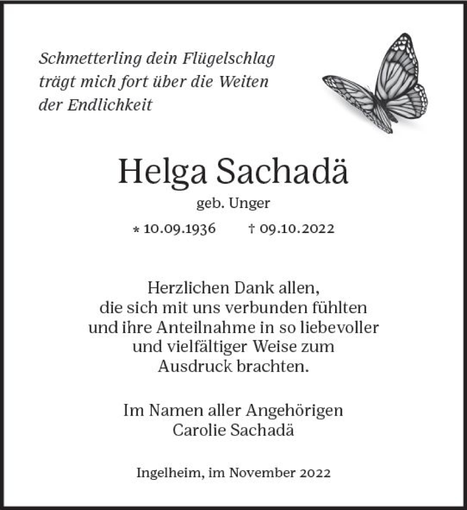  Traueranzeige für Helga Sachadä vom 05.11.2022 aus vrm-trauer Allgemeine  Zeitung Ingelheim-Bingen