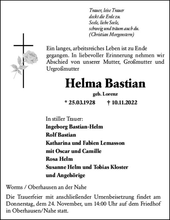 Traueranzeige von Helma Bastian von vrm-trauer Allg. Zeitung Bad Kreuznach