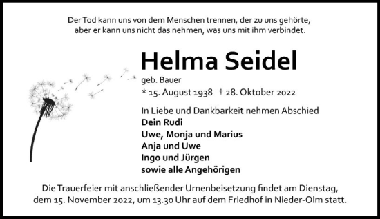 Traueranzeige von Helma Seidel von vrm-trauer AZ Mainz
